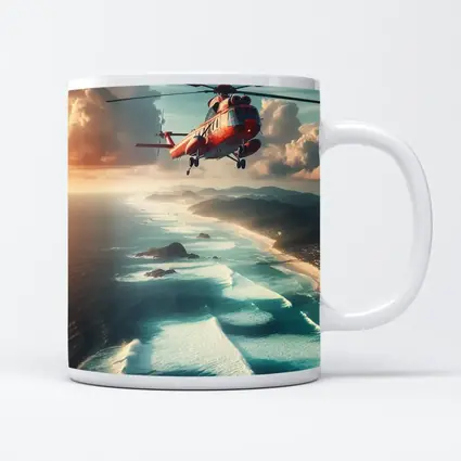 Red Rescue Helicopter Flying Over Coastal Ocean