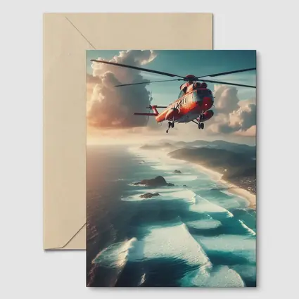 Red Rescue Helicopter Flying Over Coastal Ocean