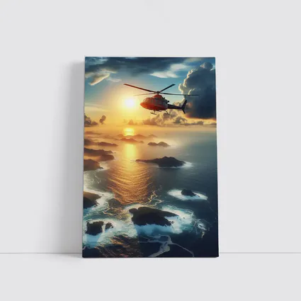 Helicopter Flying Over Coastal Sunset Seascape