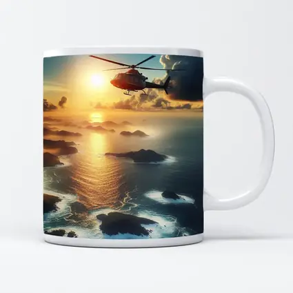Helicopter Flying Over Coastal Sunset Seascape