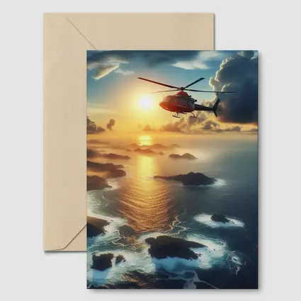Helicopter Flying Over Coastal Sunset Seascape