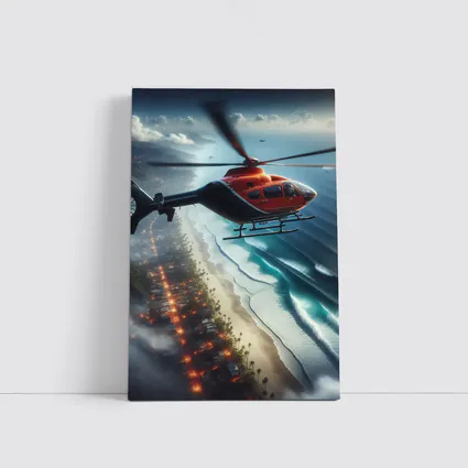 Red Helicopter Flying Over Coastal City