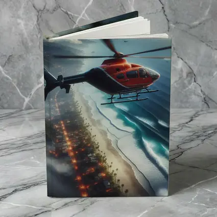 Red Helicopter Flying Over Coastal City