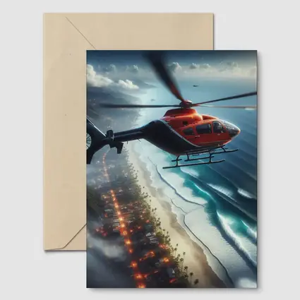 Red Helicopter Flying Over Coastal City