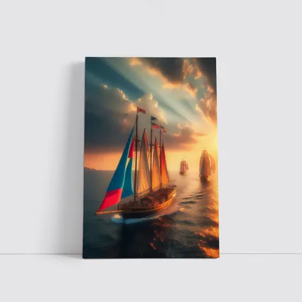 Sailing Ships At Golden Sunset Ocean