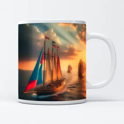 Sailing Ships At Golden Sunset Ocean