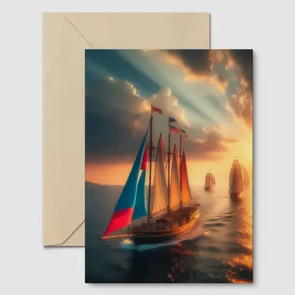 Sailing Ships At Golden Sunset Ocean