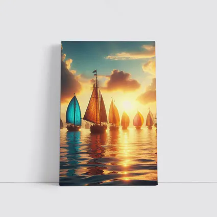 Colorful Sailboats Golden Sunset Ocean Scene