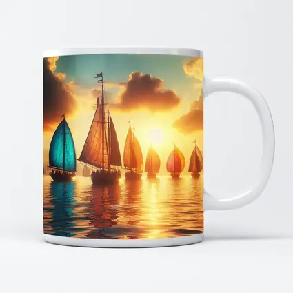 Colorful Sailboats Golden Sunset Ocean Scene