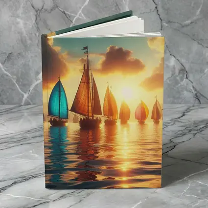 Colorful Sailboats Golden Sunset Ocean Scene