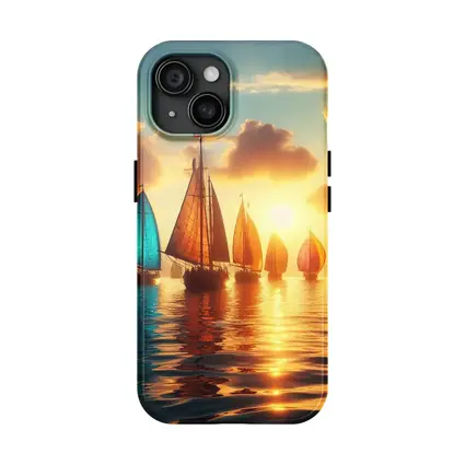 Colorful Sailboats Golden Sunset Ocean Scene