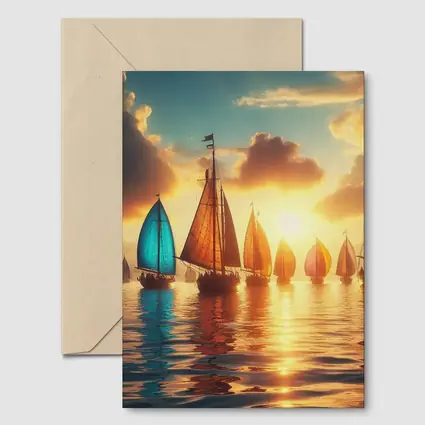 Colorful Sailboats Golden Sunset Ocean Scene