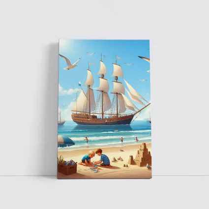 Kids Playing Beach Tall Ship Summer