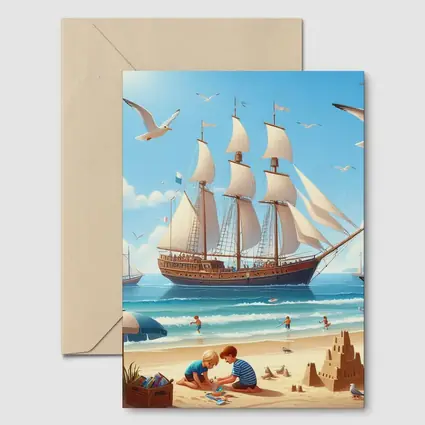 Kids Playing Beach Tall Ship Summer