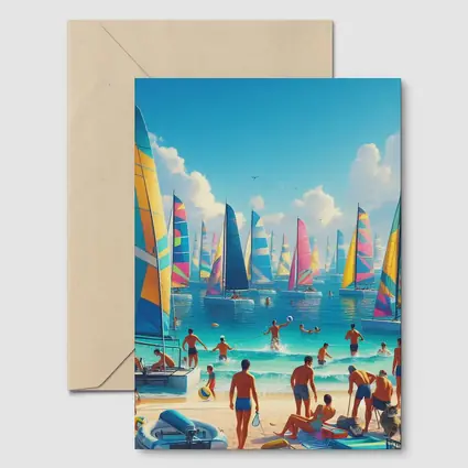 Colorful Sailboats Beach Summer Vacation Scene