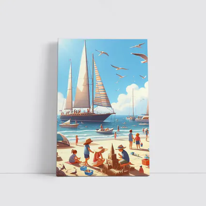 Summer Beach Day Sailboats Illustration Art