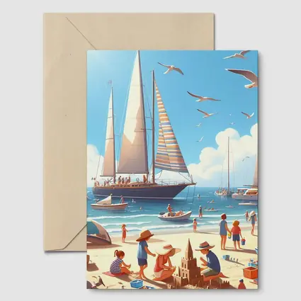 Summer Beach Day Sailboats Illustration Art