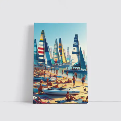 Colorful Sailboats Busy Summer Beach Scene