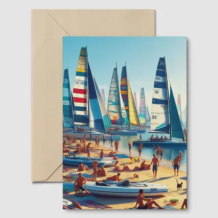 Colorful Sailboats Busy Summer Beach Scene
