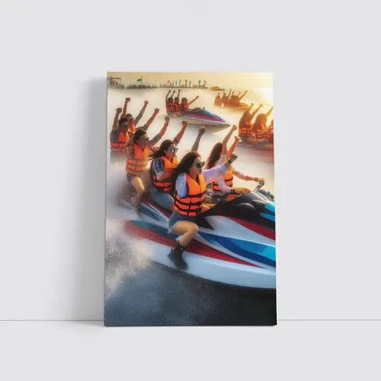 Women Riding Jet Skis Ocean Sunset Scene