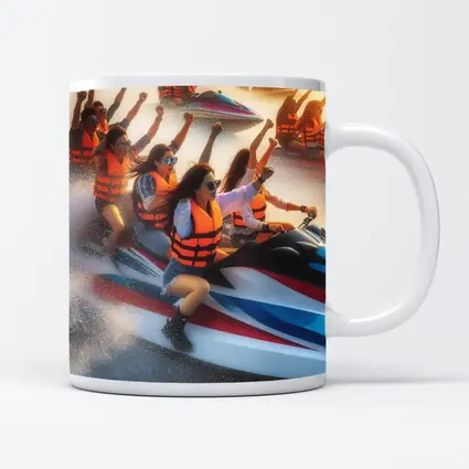 Women Riding Jet Skis Ocean Sunset Scene