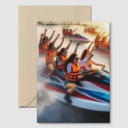 Women Riding Jet Skis Ocean Sunset Scene
