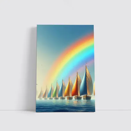 Colorful Sailboats Racing Under Rainbow Sky