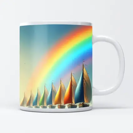 Colorful Sailboats Racing Under Rainbow Sky