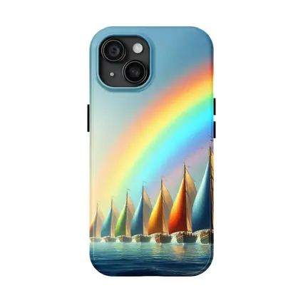 Colorful Sailboats Racing Under Rainbow Sky