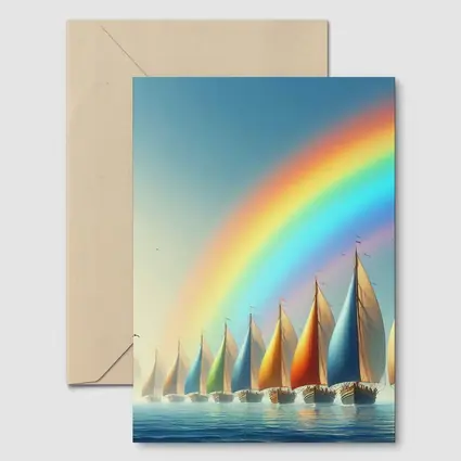 Colorful Sailboats Racing Under Rainbow Sky