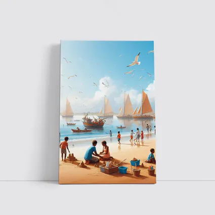 Children Playing Beach Scene Sailboats Sky