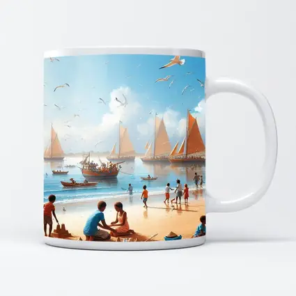 Children Playing Beach Scene Sailboats Sky