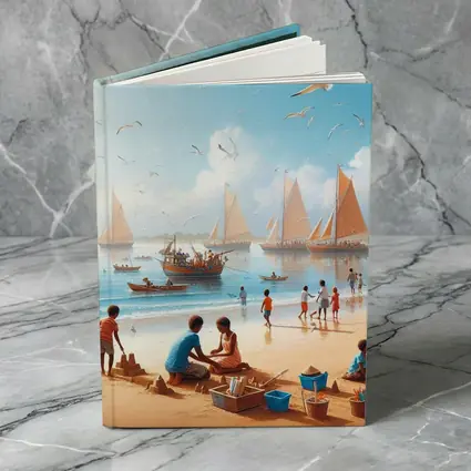 Children Playing Beach Scene Sailboats Sky