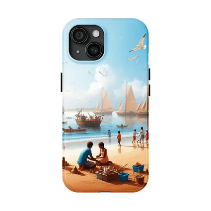 Children Playing Beach Scene Sailboats Sky