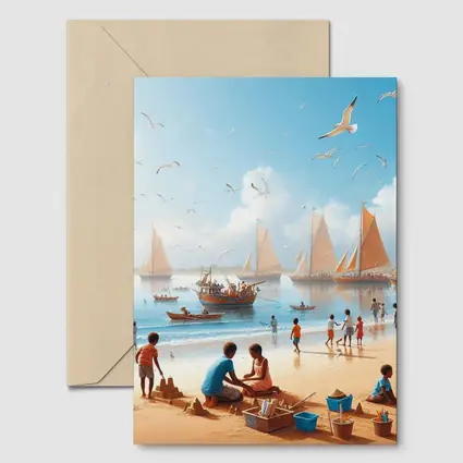 Children Playing Beach Scene Sailboats Sky