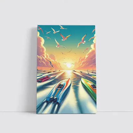 Speed Boats Racing Sunset Ocean Seagulls