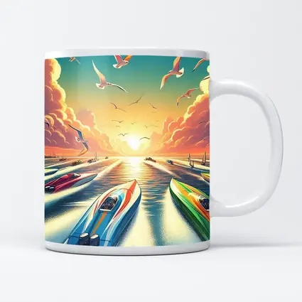 Speed Boats Racing Sunset Ocean Seagulls