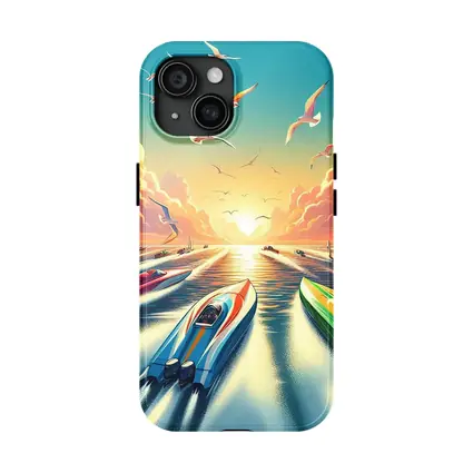Speed Boats Racing Sunset Ocean Seagulls