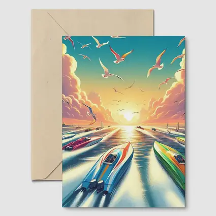 Speed Boats Racing Sunset Ocean Seagulls