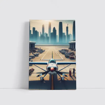 Propeller Plane On Airport Runway City Skyline