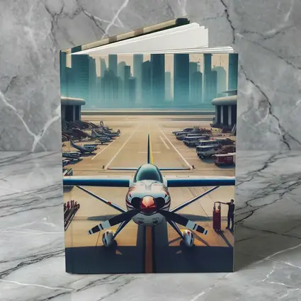 Propeller Plane On Airport Runway City Skyline
