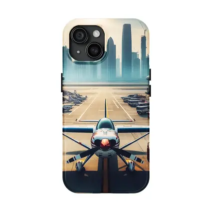 Propeller Plane On Airport Runway City Skyline