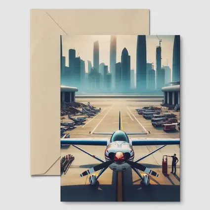 Propeller Plane On Airport Runway City Skyline