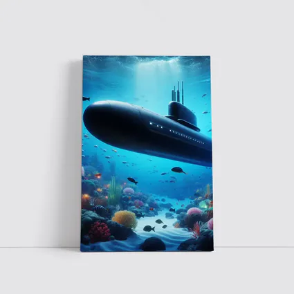 Military Submarine Gliding Over Coral Reef