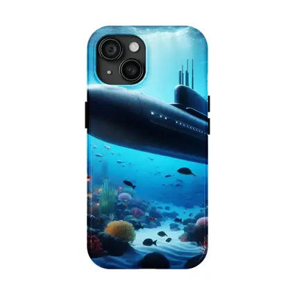 Military Submarine Gliding Over Coral Reef