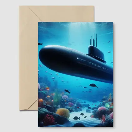 Military Submarine Gliding Over Coral Reef