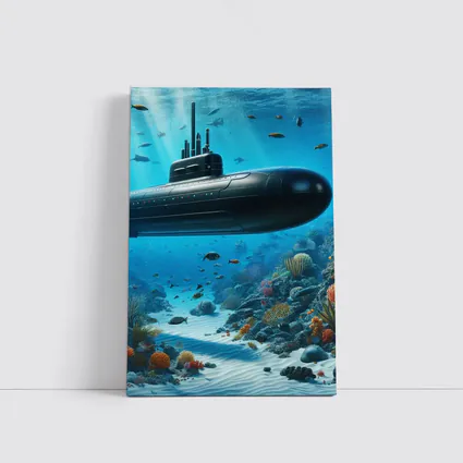 Black Submarine Underwater Coral Reef Scene