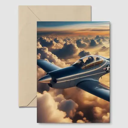 Vintage Military Airplane Flying Above Clouds