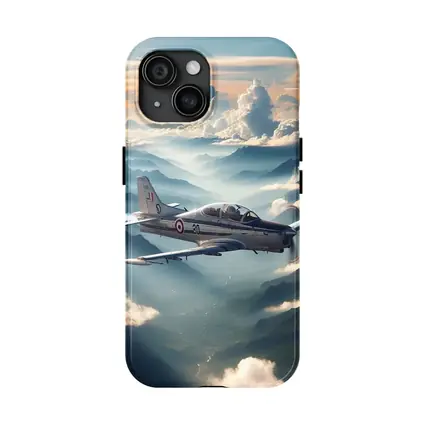 Military Jet Flying Above Misty Mountains