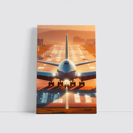 Commercial Airplane Taking Off Sunset Runway